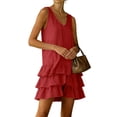 thumbnail image 6 of Women's Summer Dresses V Neck Sleeveless Linen Mini Dress with Tiered Ruffle Hem Going Out Party Outwear Dress Red XL, 6 of 7