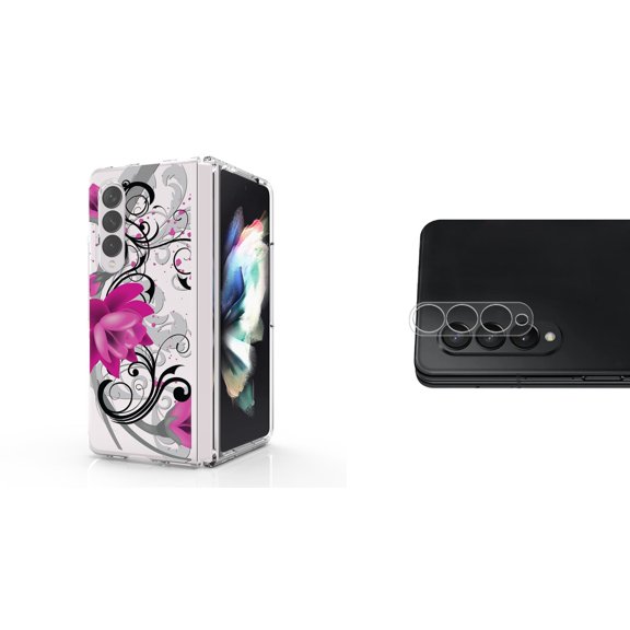 Accessory Bundle for Galaxy Z Fold 4: Slim Snap-On Case (Magenta Lotus), Rear Camera Glass Protector