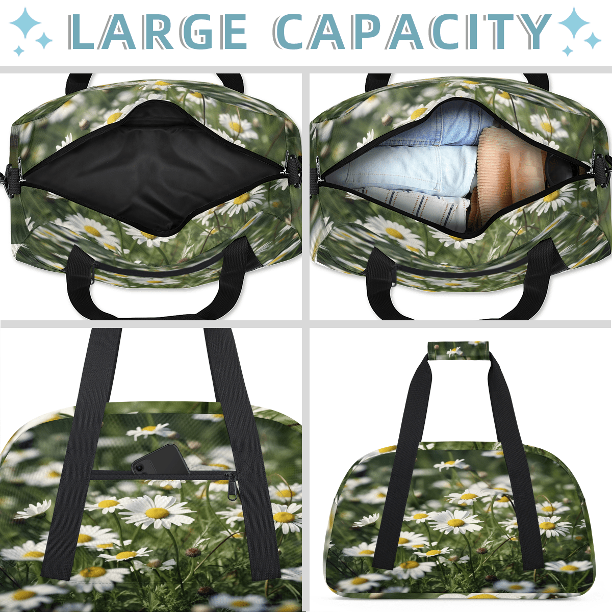 Herdesigns Daisy Sports Duffle Bag for Women & Men, Floral Gym Bag Dance Bag Overnight Bag Carry On Weekender Travel Bag