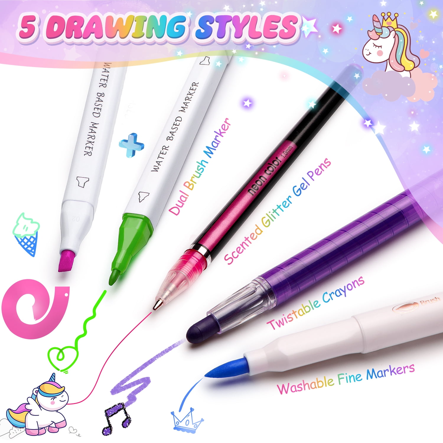 Hot Bee Fruit Scented Unicorn Marker Set, Painting Art Kit for Girls, 67 Piece Set with Markers, Crayons, Stickers, Christmas Unicorn Gift for Girls 4-12