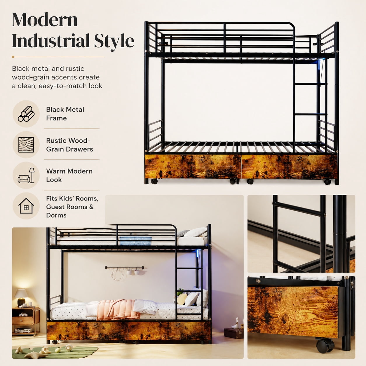 Miniyam Twin Over Twin Metal Bunk Bed with Storage Drawers, Convertible Bunk Bed with Guardrails, Ladder, Black
