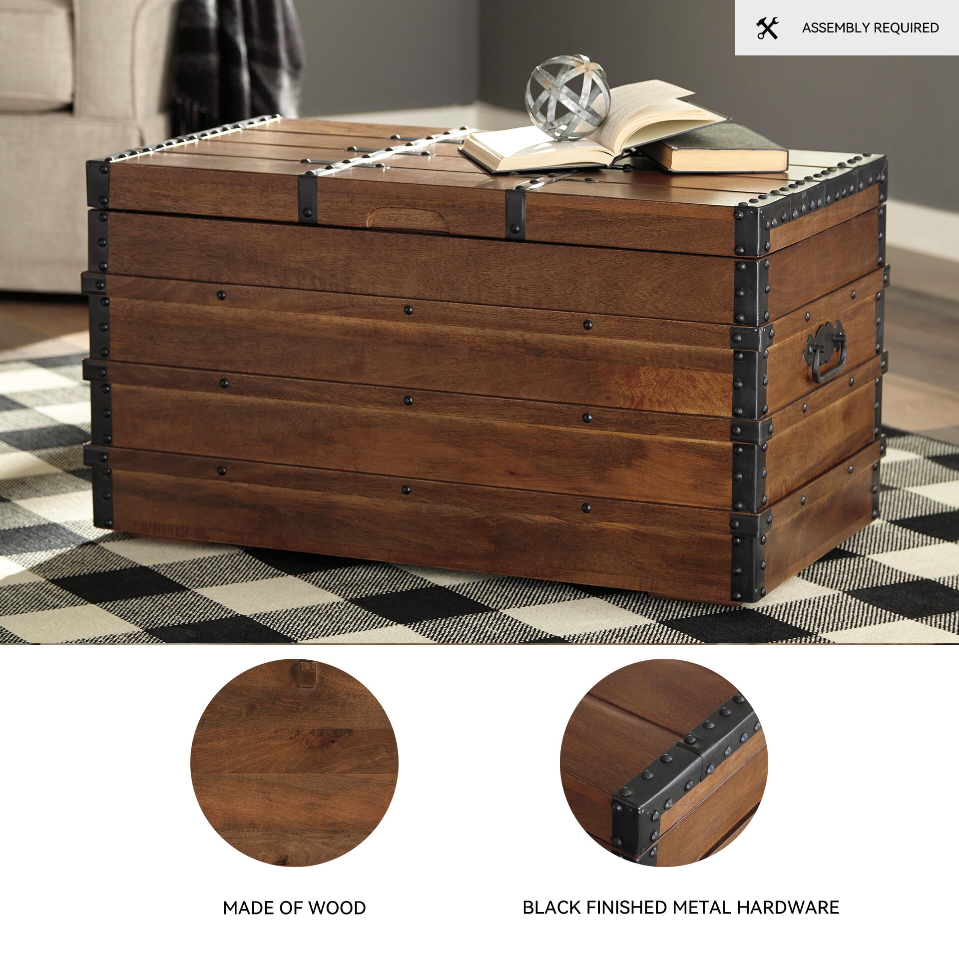 Signature Design by Ashley Kettleby Rustic Storage Trunk Coffee Table with Hinged Top - Brown Wood Finish