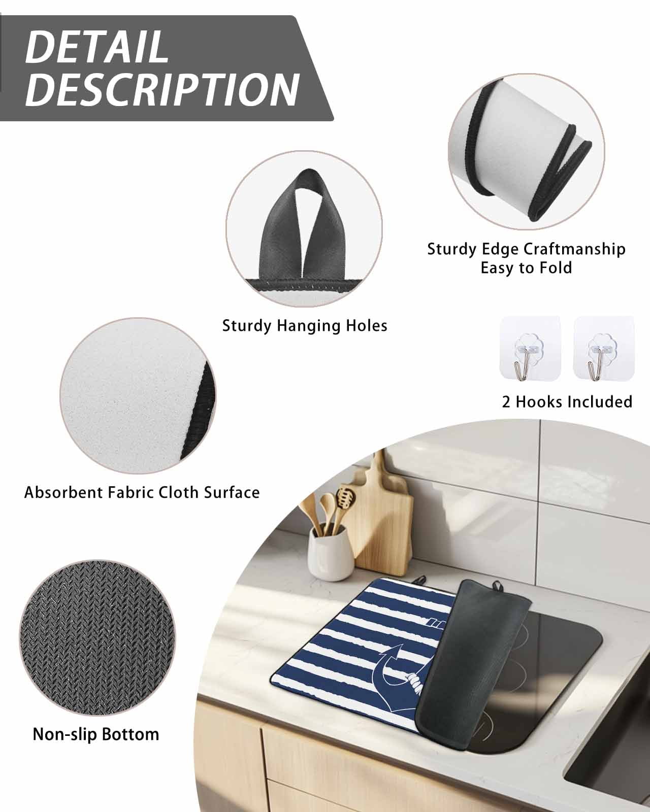 Stove Top Covers for Electric Stove, Navy Blue Anchor Nautical Glass Stovetop Cover Protector, Navy Blue Striped Farmhouse Induction Cooktop Protector Oven Mat for Kitchen Countertop 24"x21"