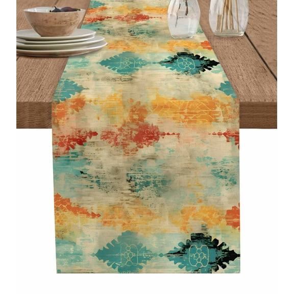 Ldtrchee Orange Teal Red Table Runner 36 Inches, Boho Ethnic Abstract Splashing Art Bed Runner Dresser Scarves Tabletop for Indoor Outdoor Parties/Ceremony/Banquet, 13"x 36"