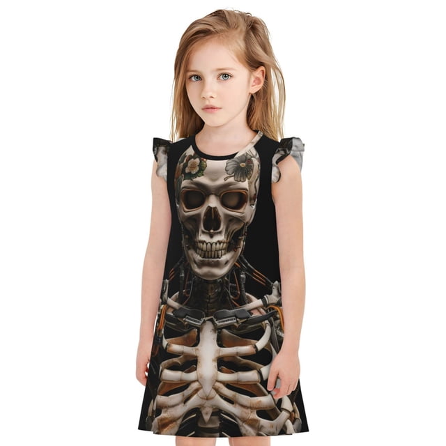 Fotbe Cyber Skeleton With Tattoos Vestido de Dormir para Niñas de 3 a 10 Años, Mangas Cortas, Estilo Princesa, Pijama Camisón con Mangas Voladas-Small