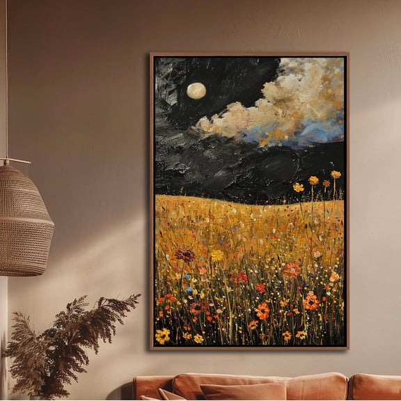 Wildflowers Field Wall Art, Abstract Night Sky & Moon Decor, Vintage Floral Art, Rustic Farmhouse Living Room Print, 16x24 UNFRAMED