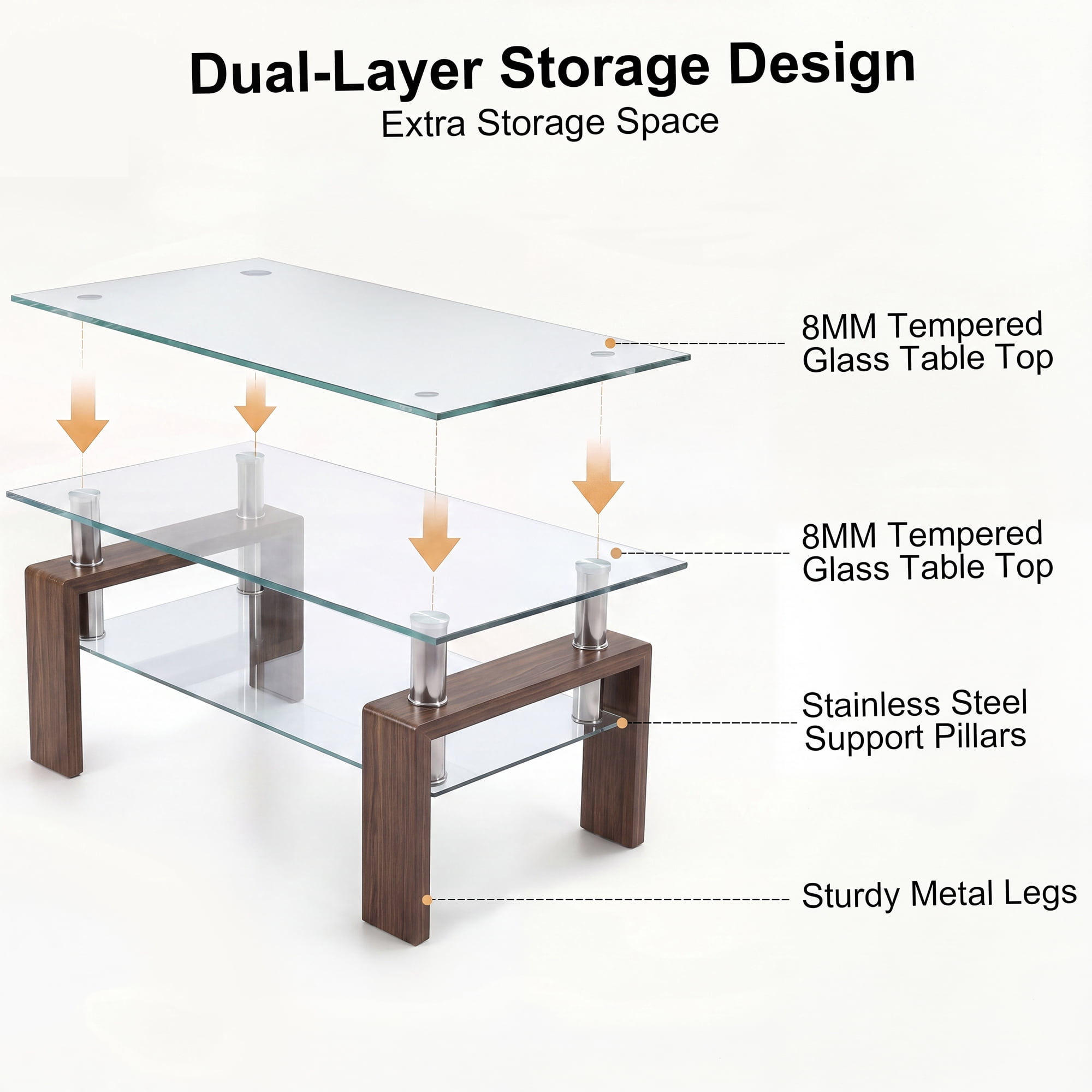 Glass Coffee Table with Lower Shelf, Holaki Modern Rectangular Tempered Glass Center Table with Metal Legs for Living Room, Walnut