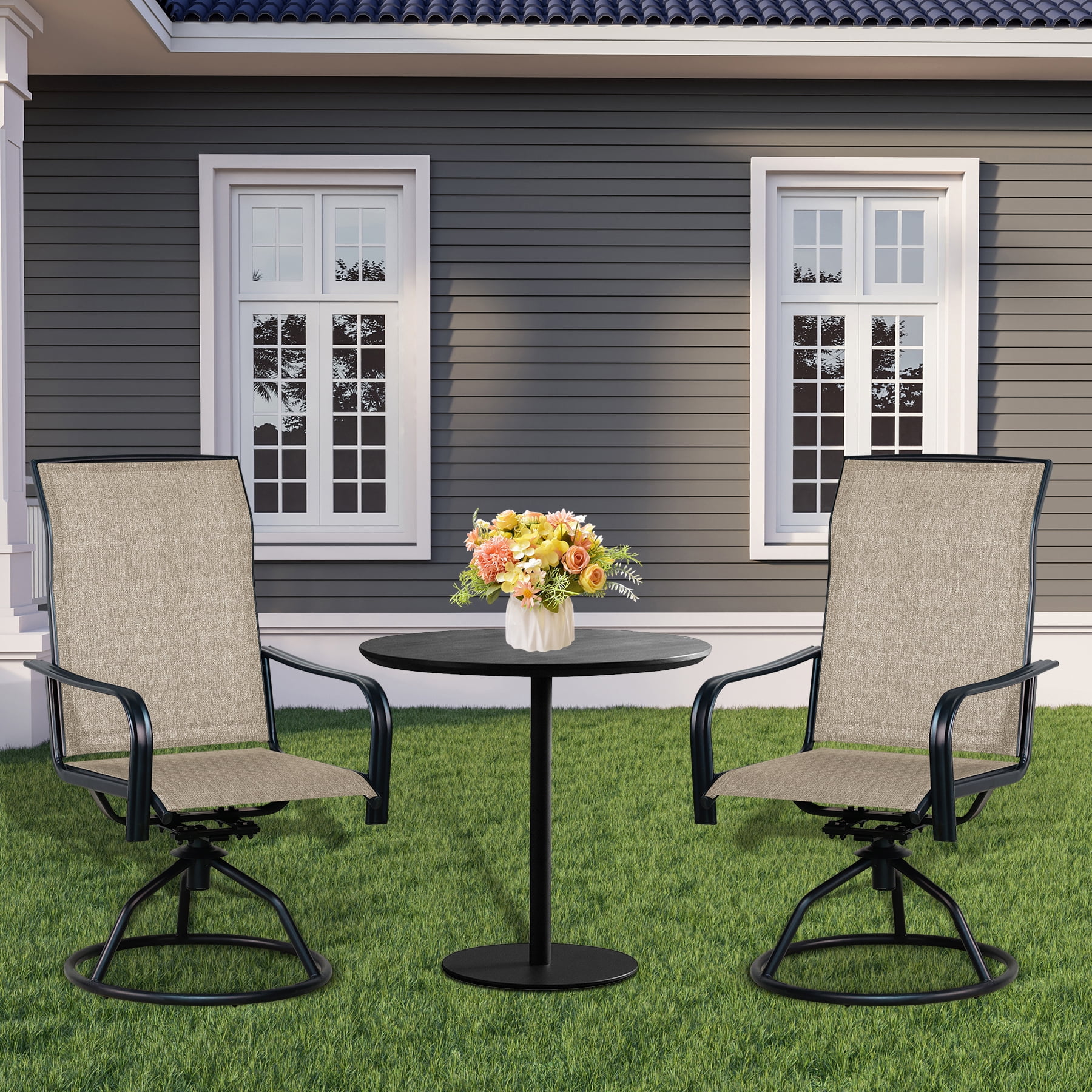 Set of 2 Patio Swivel Dining Chairs: 360° Rotating & 15° Rocking Motion, Ergonomic High-Back with All-Weather Textilene Fabric & Iron Frame for Backyard, Poolside, Porch & Garden