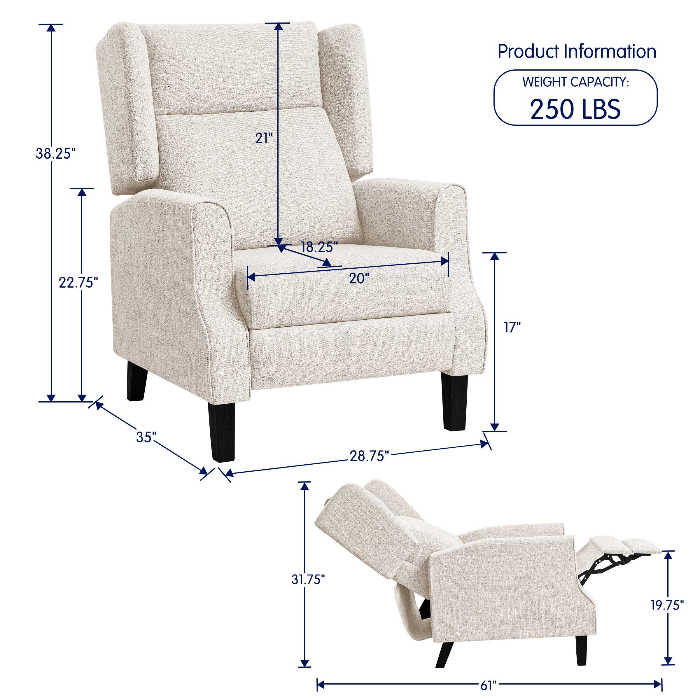 Subrtex Push Back Recliner Chair, Modern Upholstered Manual Wing Chair with Extending Footrest Linen Fabric Recliner Chair (2 PC, Beige)