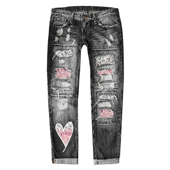 Bmisegm Women's Autumn and Winter Valentine's Day Jeans Printed Hole Thickened Trousers Features: Y2K Jeans for Women Pink XL
