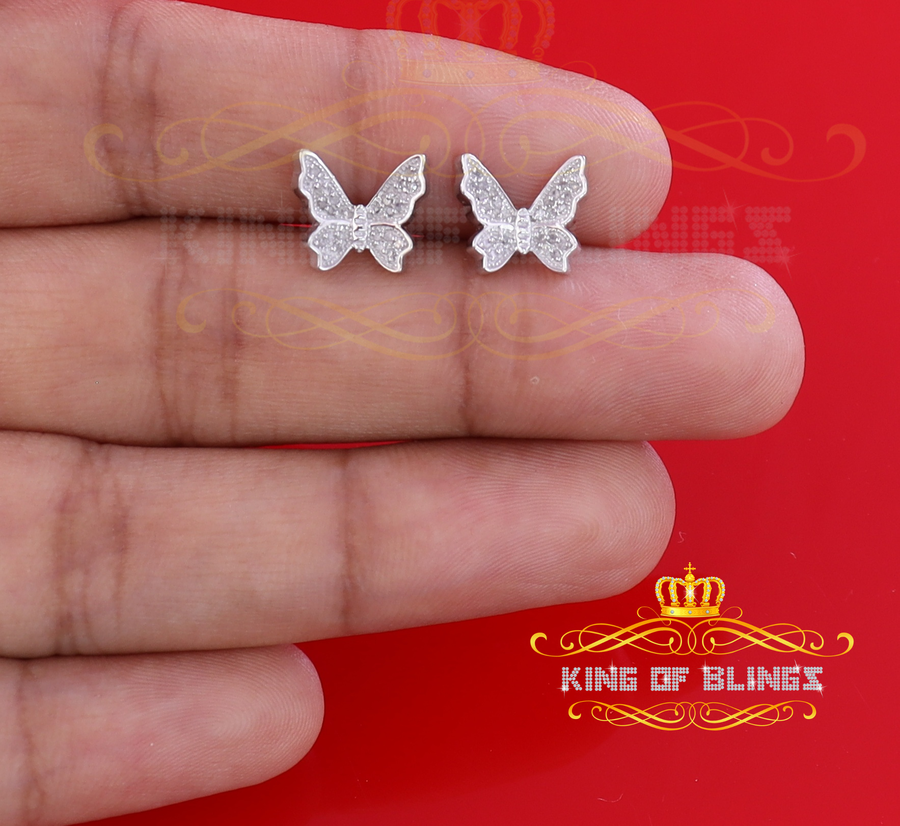 King of Bling's Women's 0.15ct Real Diamond Butterfly Stud Earrings White 925 Sterling Silver