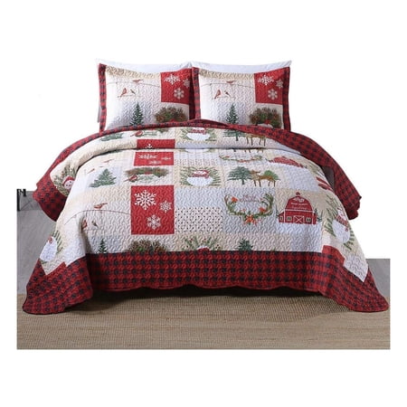 3 Piece Christmas Quilt Set Rustic Deer Quilt Bedspread Throw Blanket Lightweight Bedspread Coverlet Comforter Set (Good Wishes Queen)