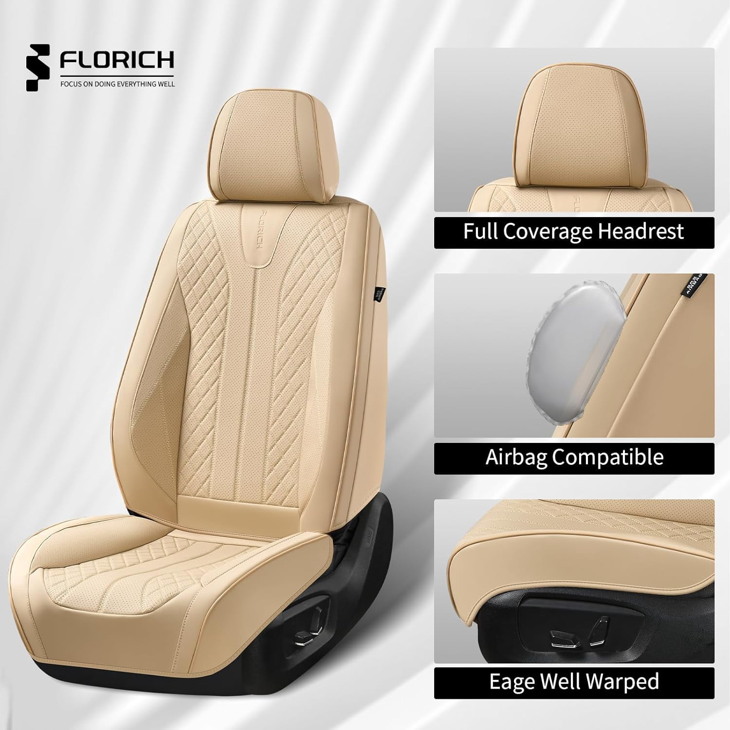 FLORICH Full Set Car Seat Covers, Premium Faux Leather Seat Protectors, Breathable Material Cushions Universal Fit for Most Cars, Beige