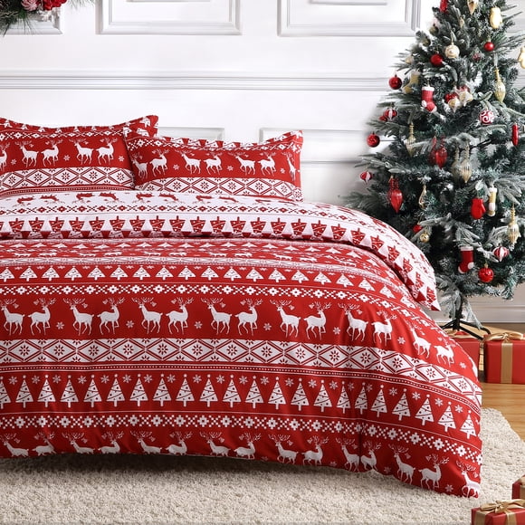 Juego de funda nórdica navideña reversible – Diseño de renos y árboles, microfibra suave roja, incluye 2 fundas de almohada – Decoración invernal – Tamaño Queen 90"x90"; fundas 20"x26"(2)