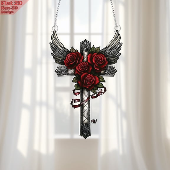 Cross with Roses and Wings Acrylic Window Hanging, Stained Glass Style, Religious and Nature-Inspired Home and Office Decoration, Eco-Friendly, Vintage Art Piece for All Spaces