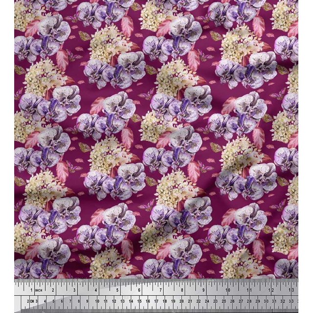 Soimoi Rayon Fabric Insect,Pansy & Yellow Flower Floral Print Sewing Fabric Yard 42 Inch Wide