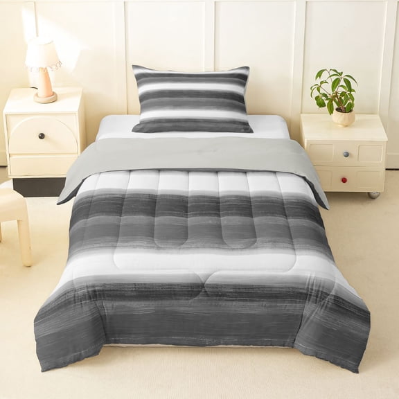 Homewish Gray Horizontal Stripes Twin Comforter Sets,Aesthetic Artwork Bedding Set,Light Gray Reversible,2-Piece,1 Comforter and 1 Pillowcase