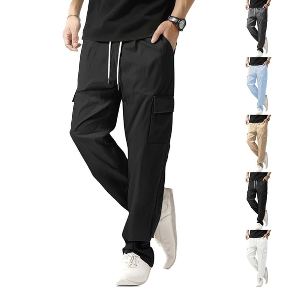 Kojanyu Men's Stretch Nylon Spandex Cargo Pants Drawstring Waist Casual Straight Leg Pants S-3XL