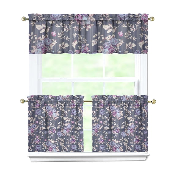 Pioneer Kitchen Curtains and Valance Set 24 Inch Tier Purple Rose Gray Image Curtains Small Drapes for Cafe Living Room Bathroom Farmhouse 3 Pieces Set Rod Pocket