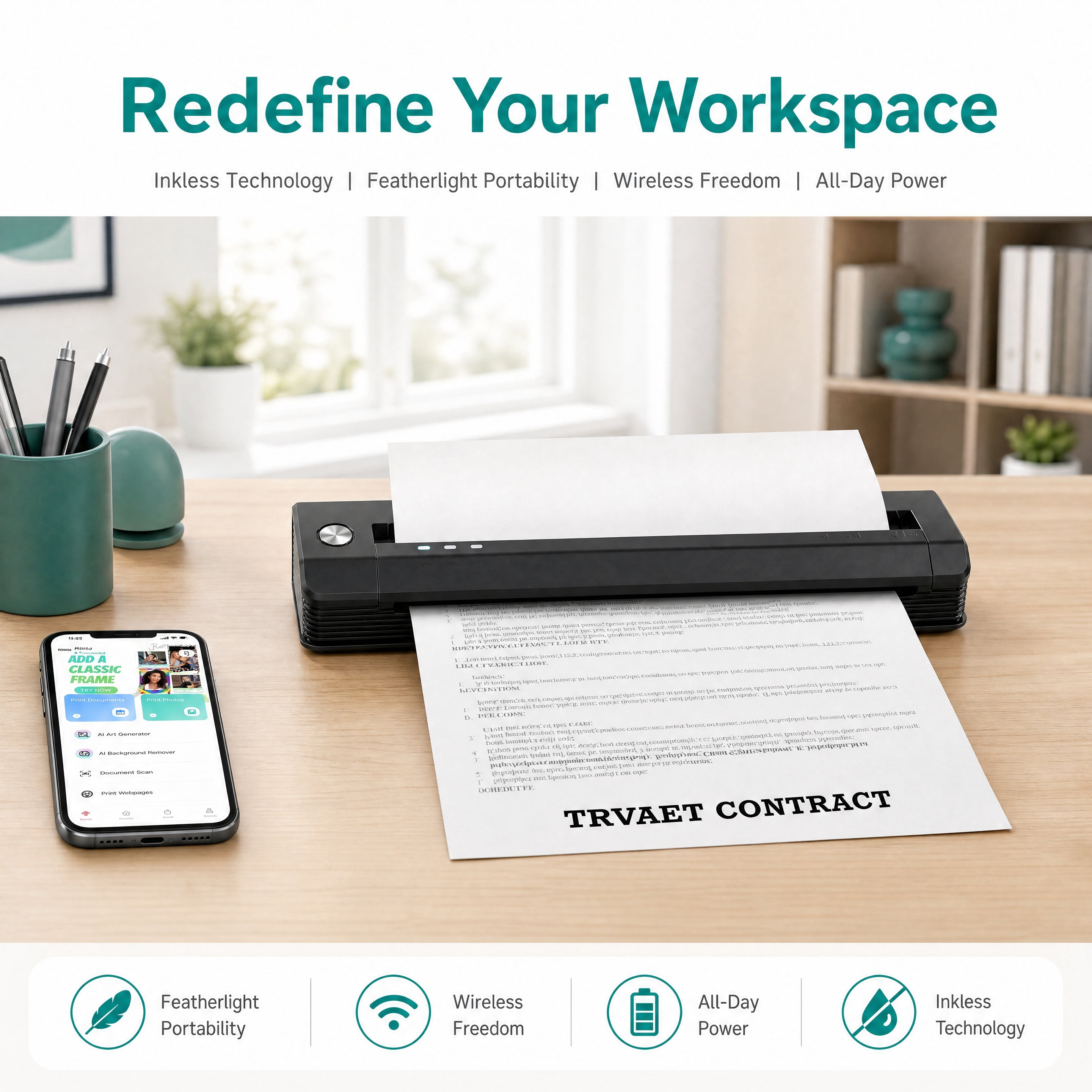 Phomemo Upgraded A281U Wireless Portable Printer , Inkless Technology, Bluetooth Thermal Printer 8.5" x 11"& A4 Size,Inkless Mobile Printer with Carry Case for Travel,Office,School,Car,Home,Black