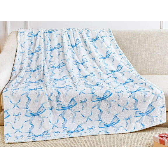 Blue Bow Throw Blanket, Gifts for Girls Women Teens, Soft Flannel Lightweight Bow Blanket, Cute Blue Bow Bedding for Coquette Girly Preppy Back to School Gift Decorations, 50 x 60 Inch