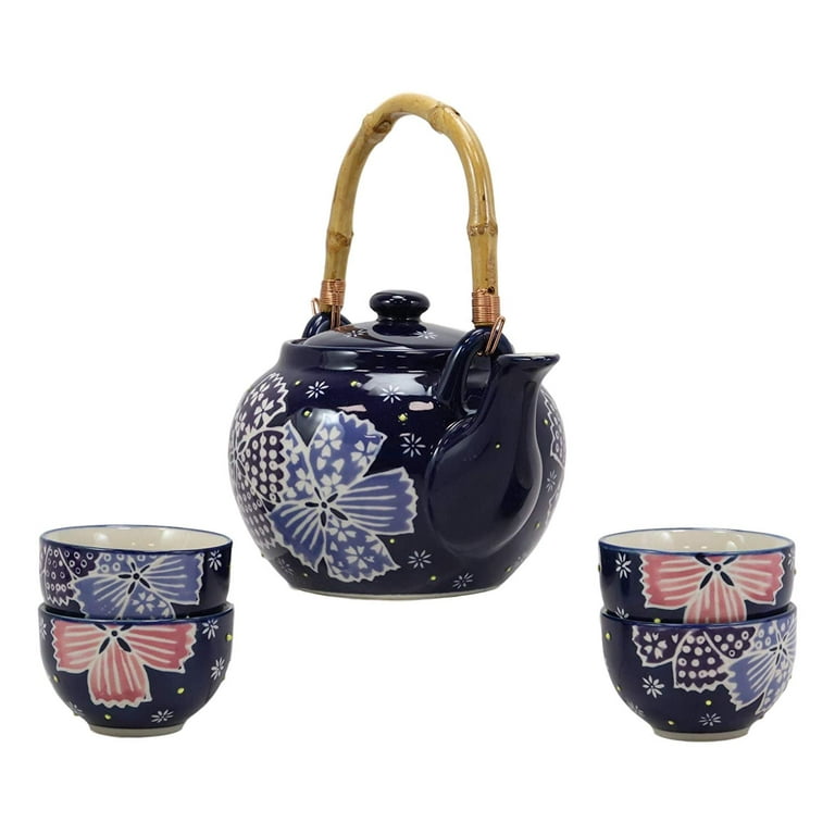 Blue Winter Frost Colorful Large Floral Blooms 25oz Tea Pot With 4