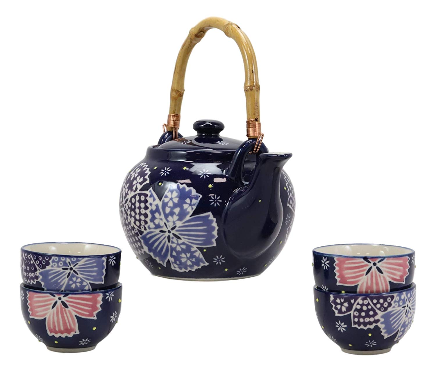Blue Winter Frost Colorful Large Floral Blooms 25oz Tea Pot With 4 Cups Set - image 5 of 7