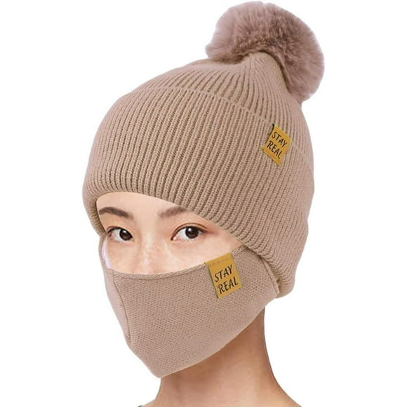 2-Pieces Winter Beanie Hat Face Mask Set Winter Knit Skull Cap Hat Adjustable Face Mask Beanie for Women Girls Khaki