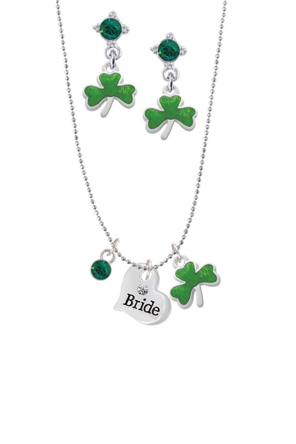 Silvertone Small Bride Heart Green Shamrock Necklace and Clover Earrings Jewelry Set