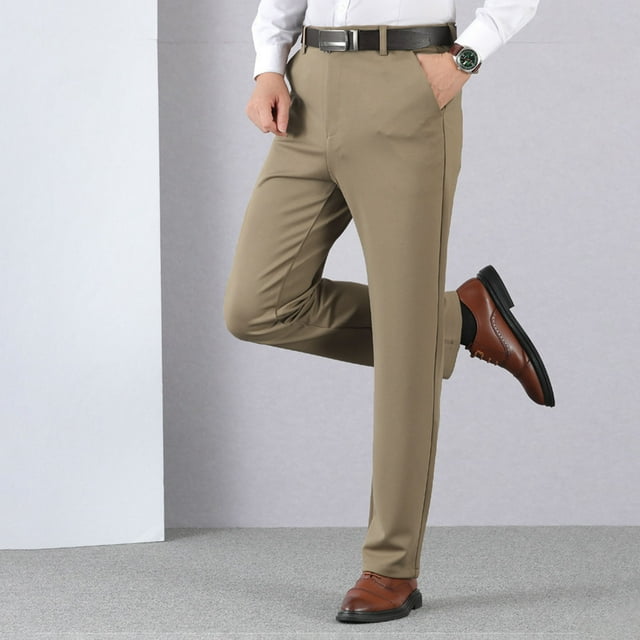 Pantalones de traje de hombre con cremallera y bolsillo, rectos, de tubo, de color liso, de poliéster