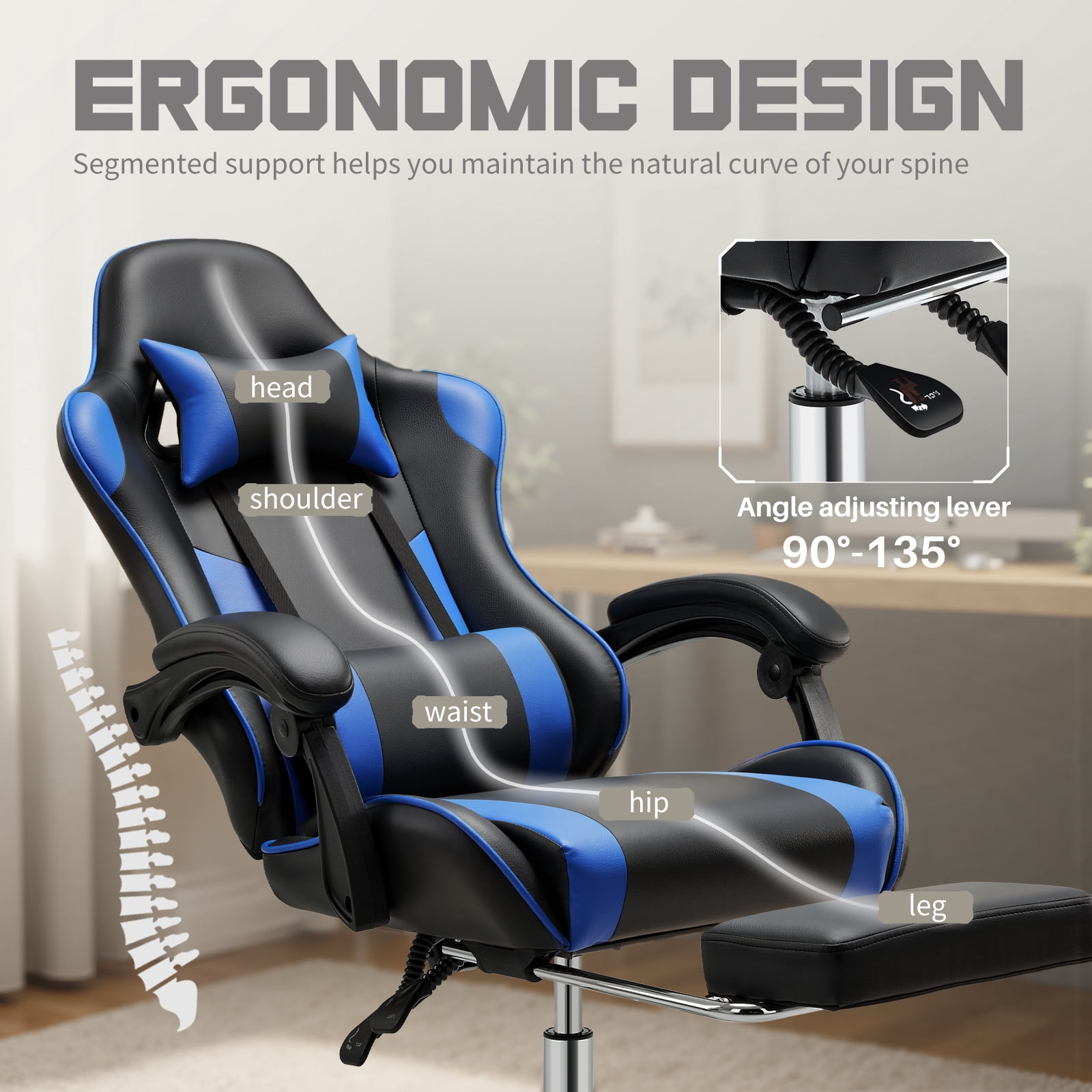 MCQ Computer Chair, Home Office Chair with Footrest and Lumbar Support for Office, Game Room, Black and Blue