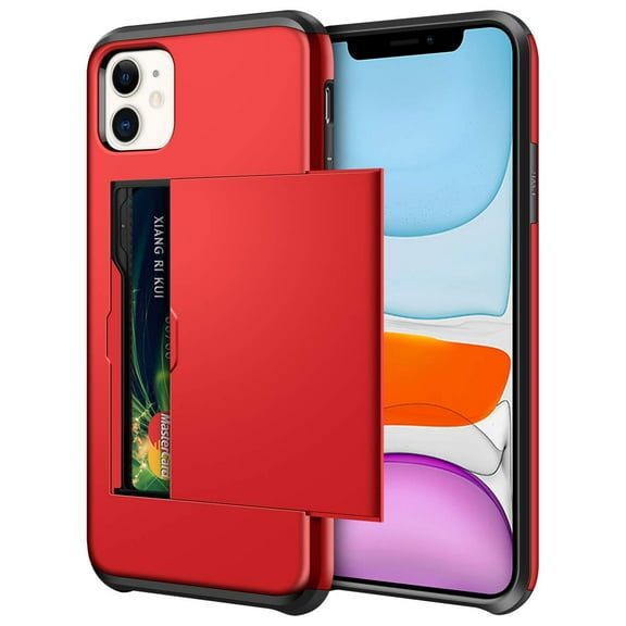 Card Slot Holder Wallet iPhone 14 Plus Case - (Red) Dual Layer Shockproof with Heavy Duty Protection