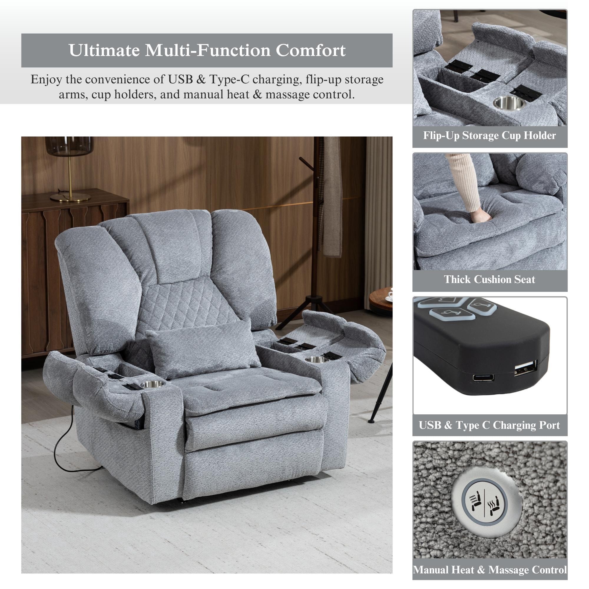 Big Man Recliner 400 lbs with Heat Air Compression Massage Oversized Power Lift Recliner Chair for Elderly Adults, Lay Flat Power Recliner with USB Type-C, Flip Arm Storage & Cup Holders