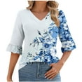 thumbnail image 2 of Ounisa Womens Tops Casual V Neck Shirts Floral Solid Blouse Ruffle Tunics 3/4 Sleeve Tshirt, 2 of 5