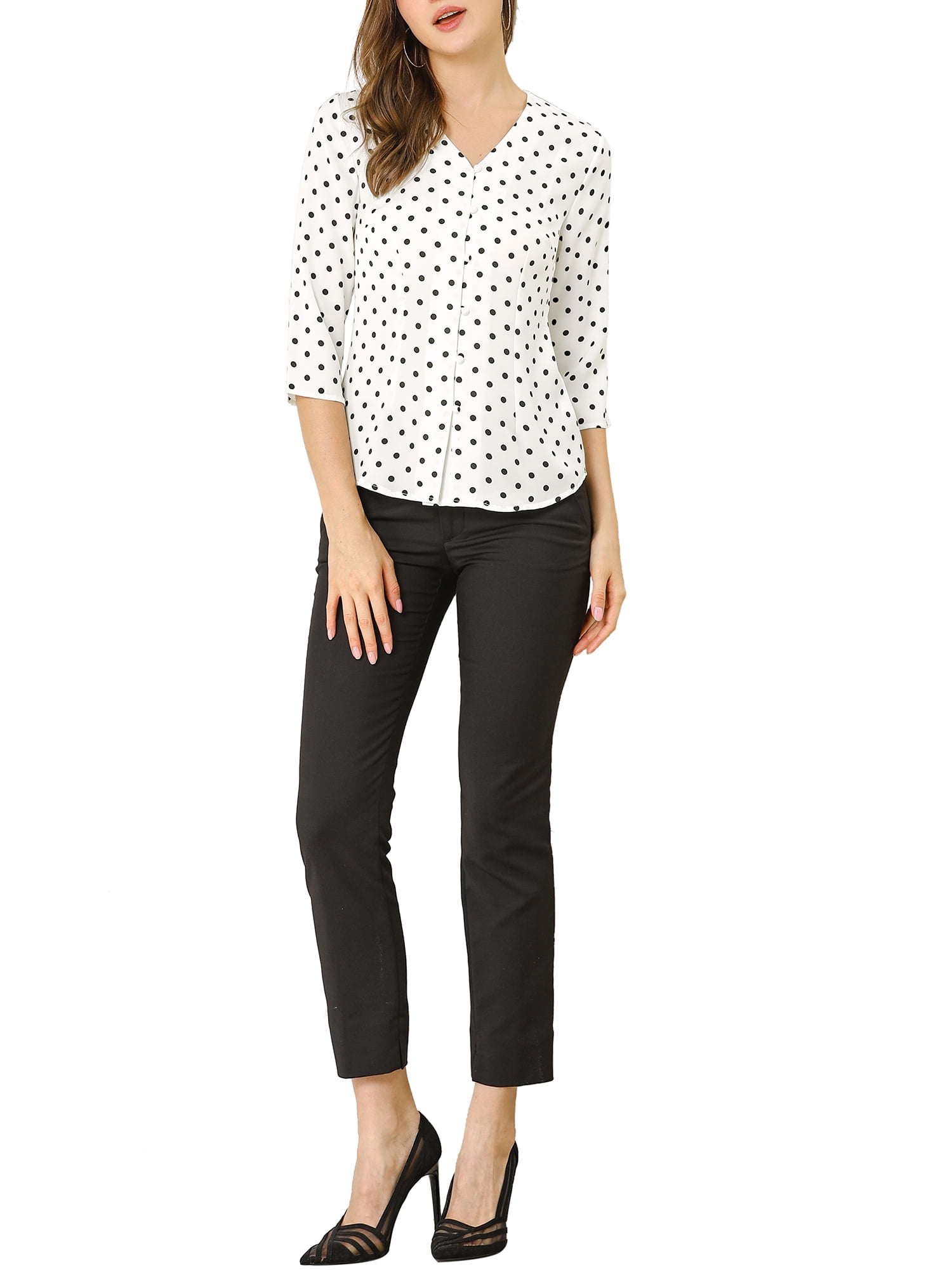 DARING DIVA Women's V Neck Polka Dots 3/4 Sleeve Casual Button Blouse L White
