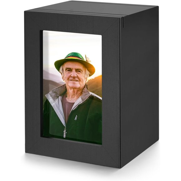 Petite Urn en Bois SOITIS pour Cendres Humaines, Urnes de Crémation Noires avec Cadre Photo - Urnes Décoratives pour Femmes et Hommes, Mini Boîte Commémorative en Bois