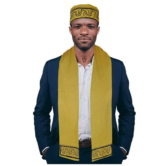 Gold and Black Embroidered African Hat and Sash/Scarf