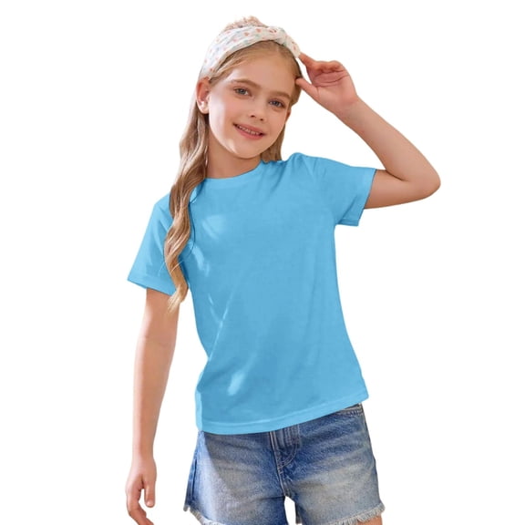 Abcomgle Tshirts for Kids Girls Summer Short Sleeve Tshirts Toddler Slim Fit Toddler Girls T-Shirts Solid Crewneck Cotton Toddler Tops Girls,Light Blue,12-13Years