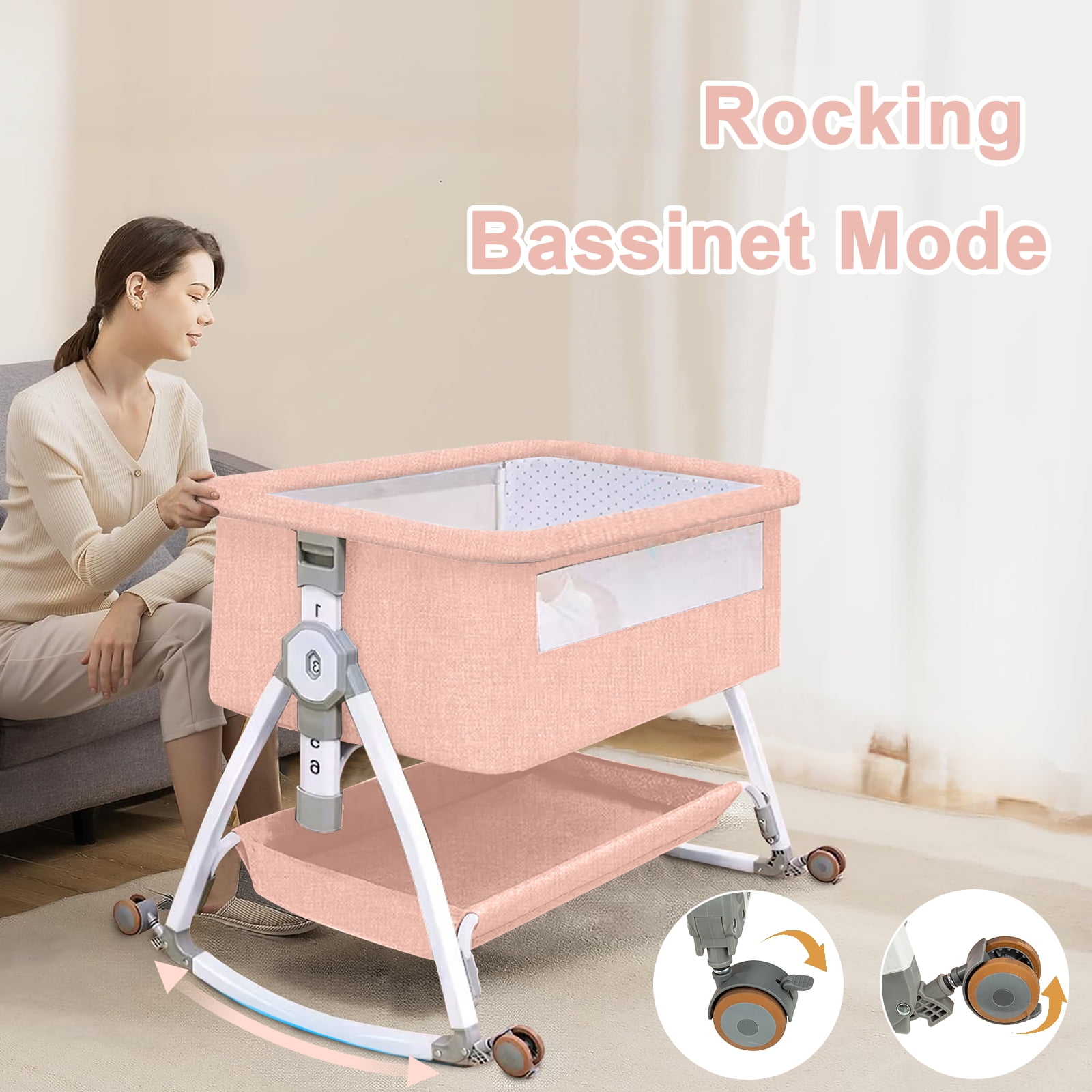 5-in-1 Folding Baby Bassinet,6-Height-Adjustable Crib with Lockable Wheels,Changing Table(Pink)
