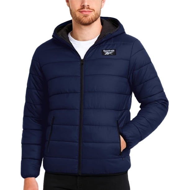 Chaqueta Reebok ligera con capucha acolchada para hombre, color azul marino