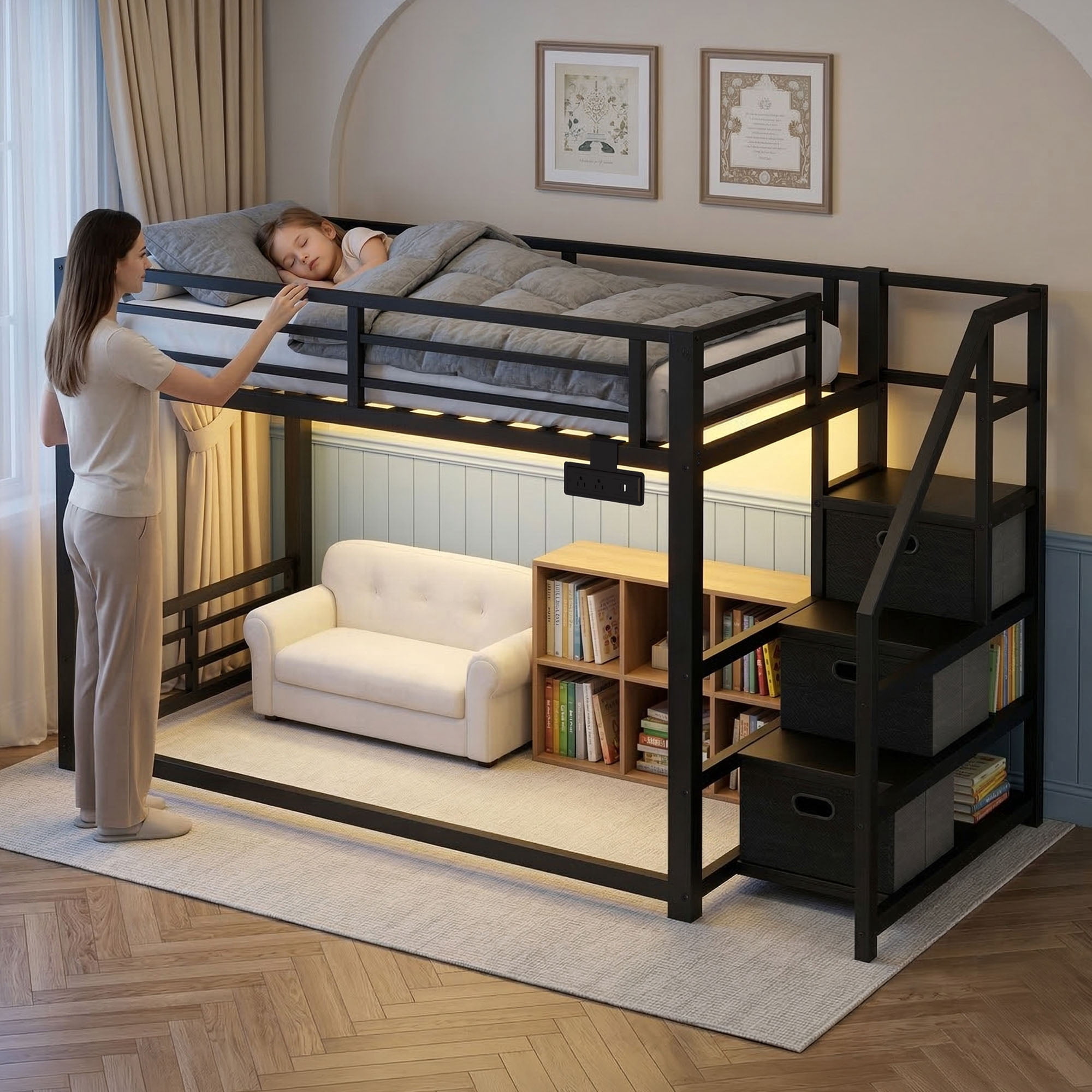 Twin Over Twin Bunk Bed with Storage Stairs, Movable Charging Station and LED Lights, Black