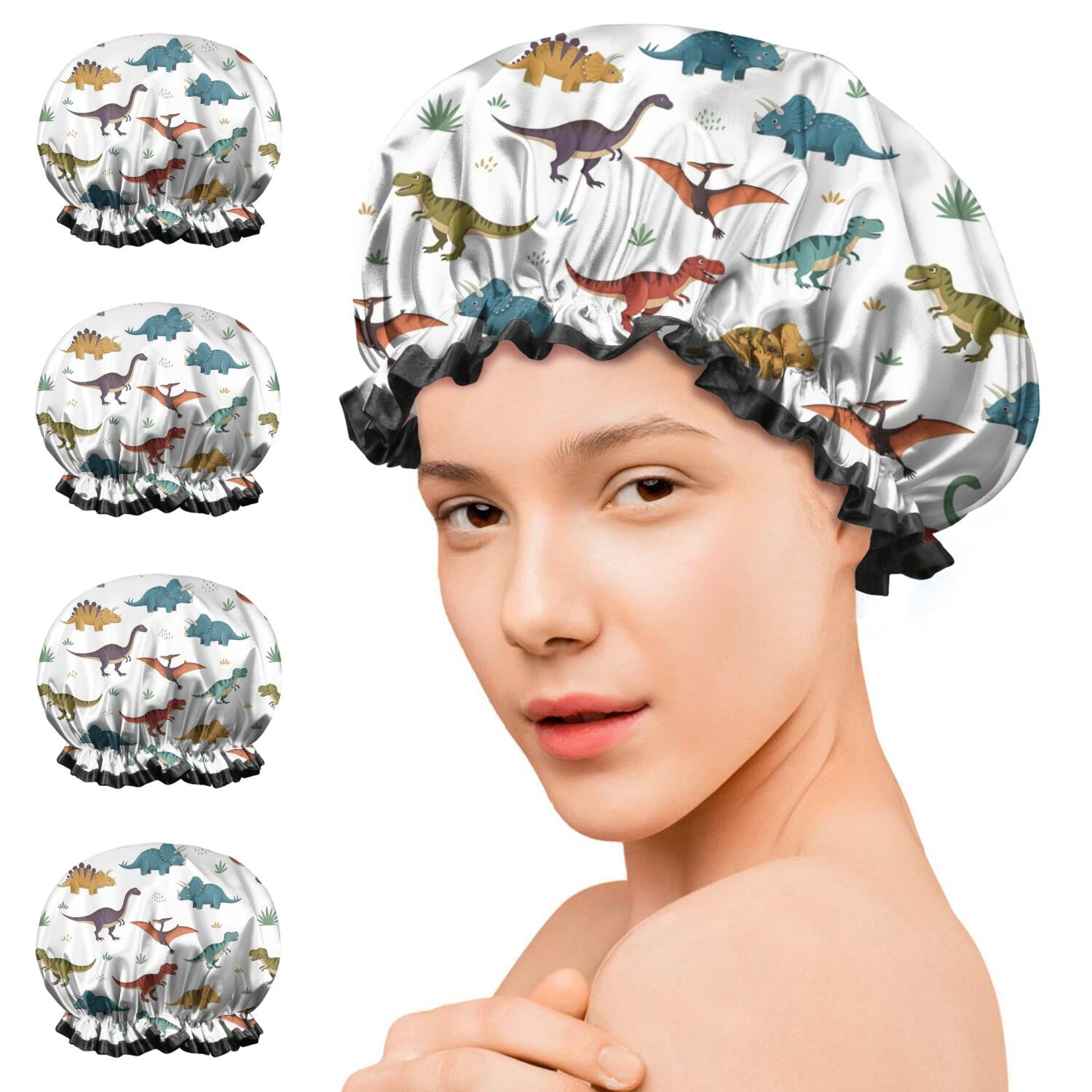 Shower Caps,White Dinosaurs Pterosaurs Plants Pattern Waterproof Shower Cap for Women 4 Pieces,Double Reusable Hair Cover for Shower PEVA Elastic Stretch Hem