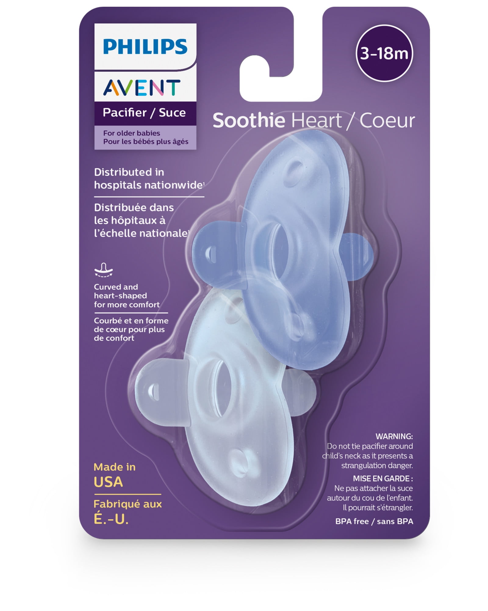 Philips Avent Soothie Heart Pacifier, 3-18 Months, Blue/Light Blue, 2 Pack, SCF099/11