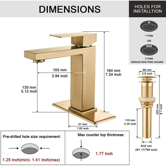 Brushed Gold Bathroom Faucet, Golden Single Hole Vanity Bath Faucet, Single Handle Modern Stainless Steel Bathroom Faucets for Sink 1 Hole with Pop Up Drain Stopper & Water Supply Hoses