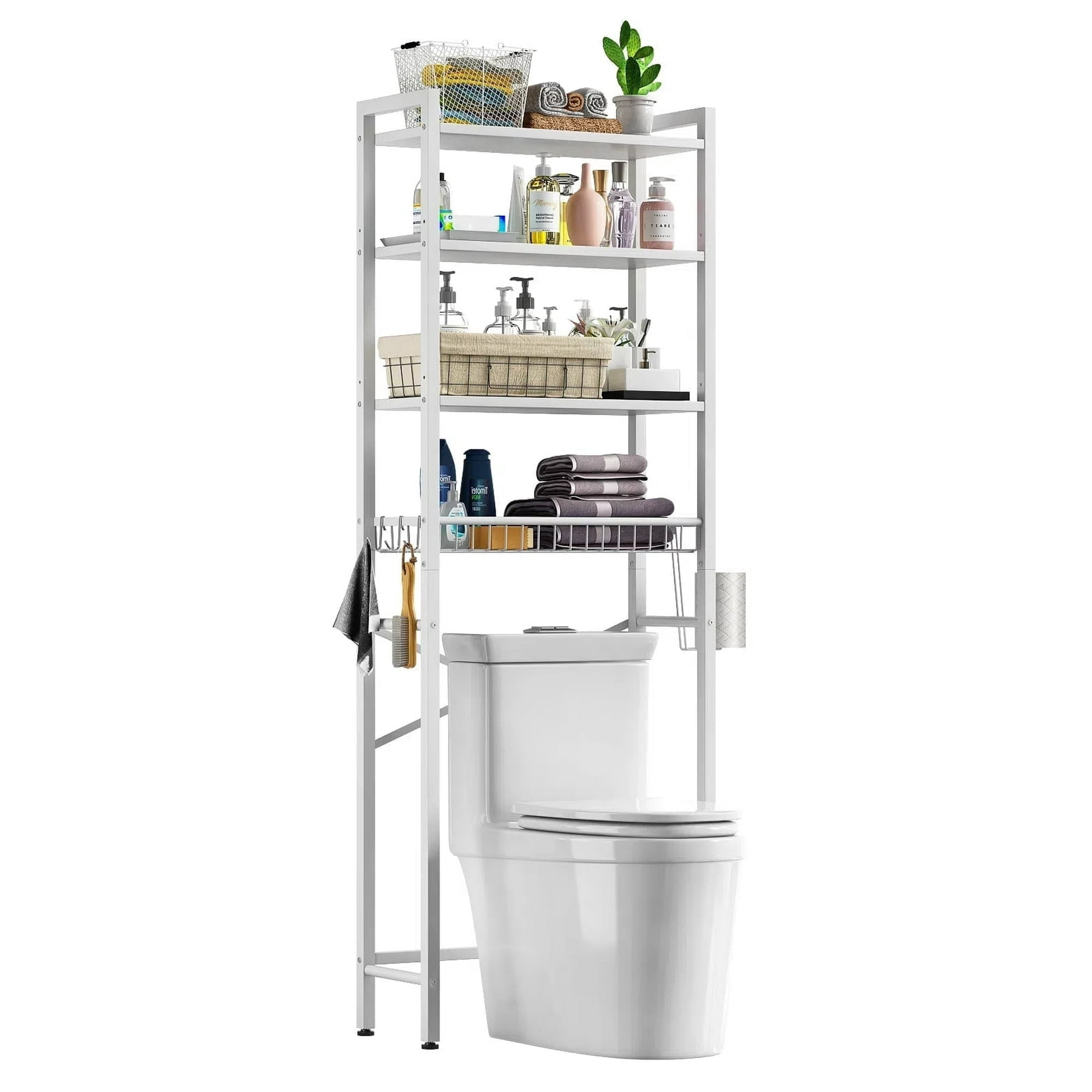 Biemlerfn Over The Toilet Storage Shelf, 4-Tier Wooden Bathroom Organizer Adjustable Saver Space Rack with Toilet Paper Holder, Pure White