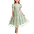 thumbnail image 2 of Girls Tulle Princess Dresses Trendy Embroidery Flower Lace Puff Sleeve Crew Neck Gown for Pageant Wedding Birthday Party Graduation Dance Prom Green 5-6 Years, 2 of 6