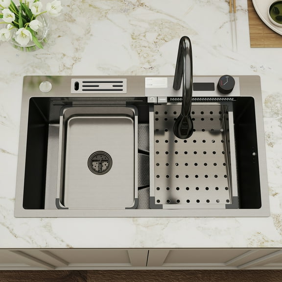 Yilicy 30*18 Undermount Kitchen Sink Single Bowl Basin Stainless Steel Kitchen Bar with waste kit and Mixer Taps set