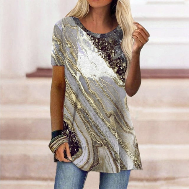 SMihono Hauts pour Femmes Été Chic Décontracté Mode T-shirt d'Été pour Femmes à Col Rond à Manches Courtes Imprimé Décontracté Blouse T-shirt Grande Taille