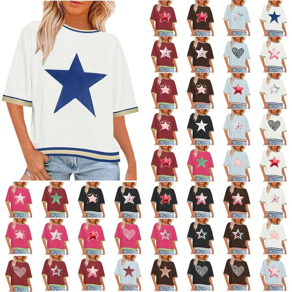 Horkkom Graphic Tees for Women Star Print Crew Neck Short Sleeve Shirts Summer Casual T Shirts, Gifts for Women L