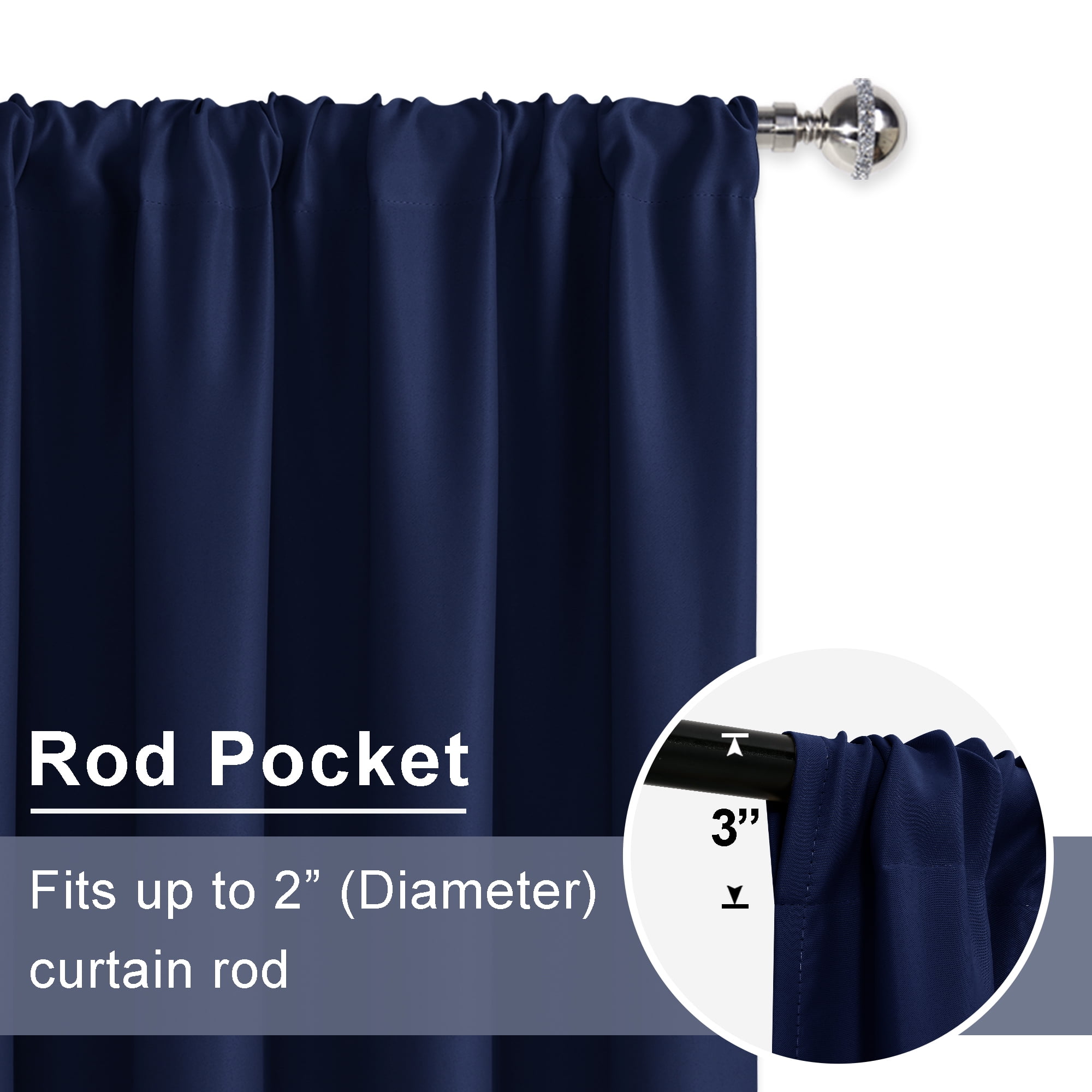 JIUZHEN Blackout Curtains for Bedroom, Thermal Insulated Rod Pocket Room Darkening Curtains for Living Room, Navy Blue, 42 x 63 inch, Set of 2 Drapes